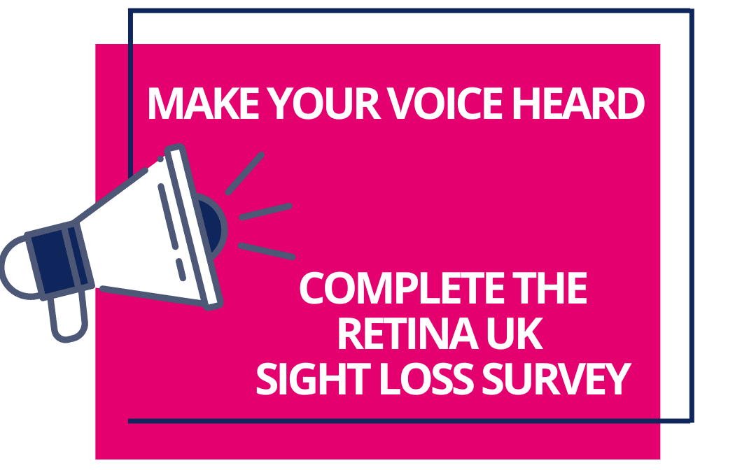 A megaphone with the words 'make your voice heard. Complete the Retina UK sight loss survey'