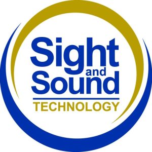 Sight and Sound Technology logo with a circle around the words in gold and blue