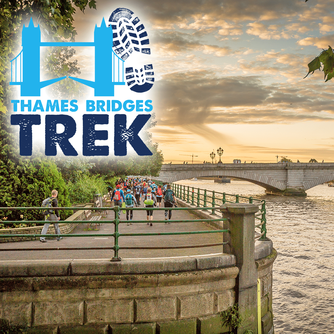 Image reads 'Thames Bridges Trek' in blue font. The image shows a crow of walkers walking along a path next to the Thames heading towards a bridge