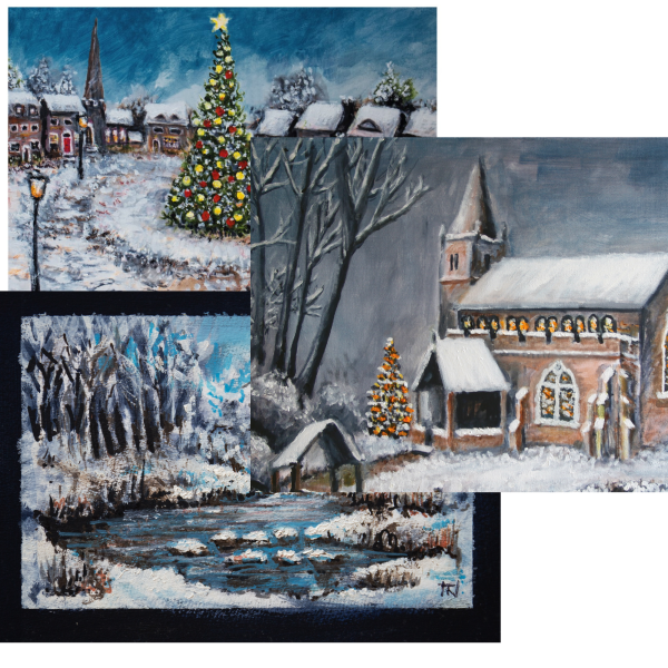 A montage of the three different card designs - Christmas tree, snow covered church and icy river