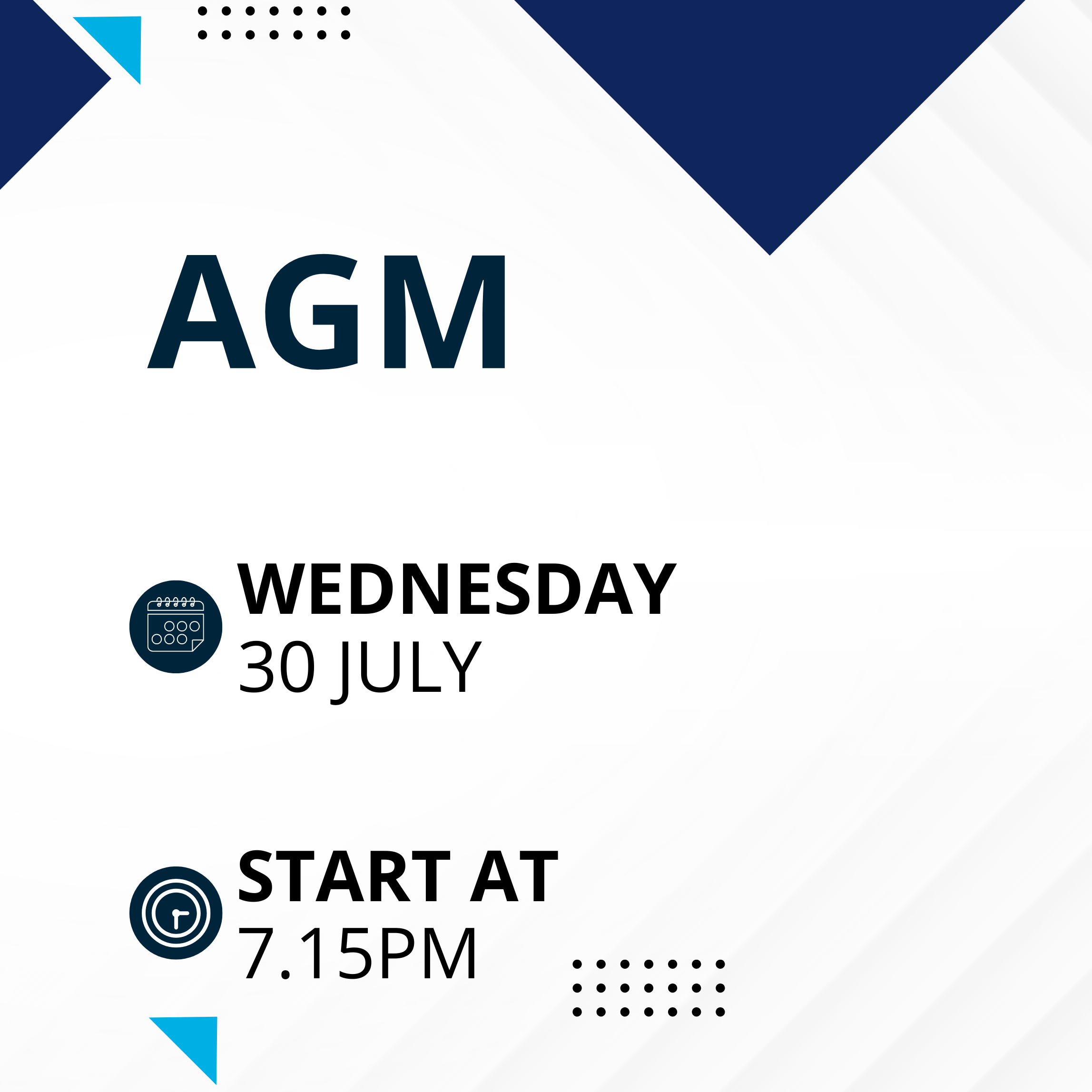 AGM Wednesday 30 July at 7.15pm