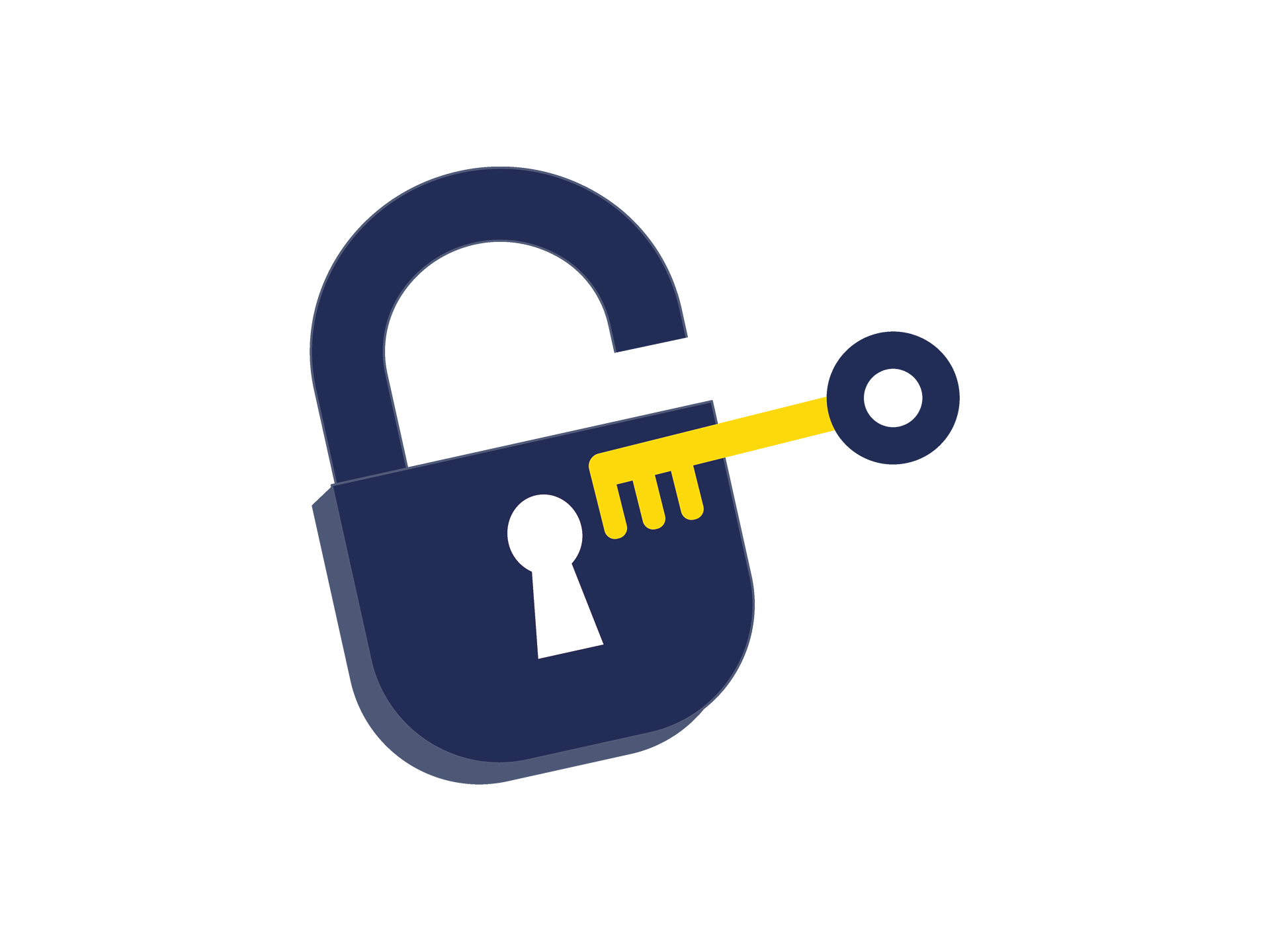 A padlock in navy with a gold coloured key close to the lock mechanism