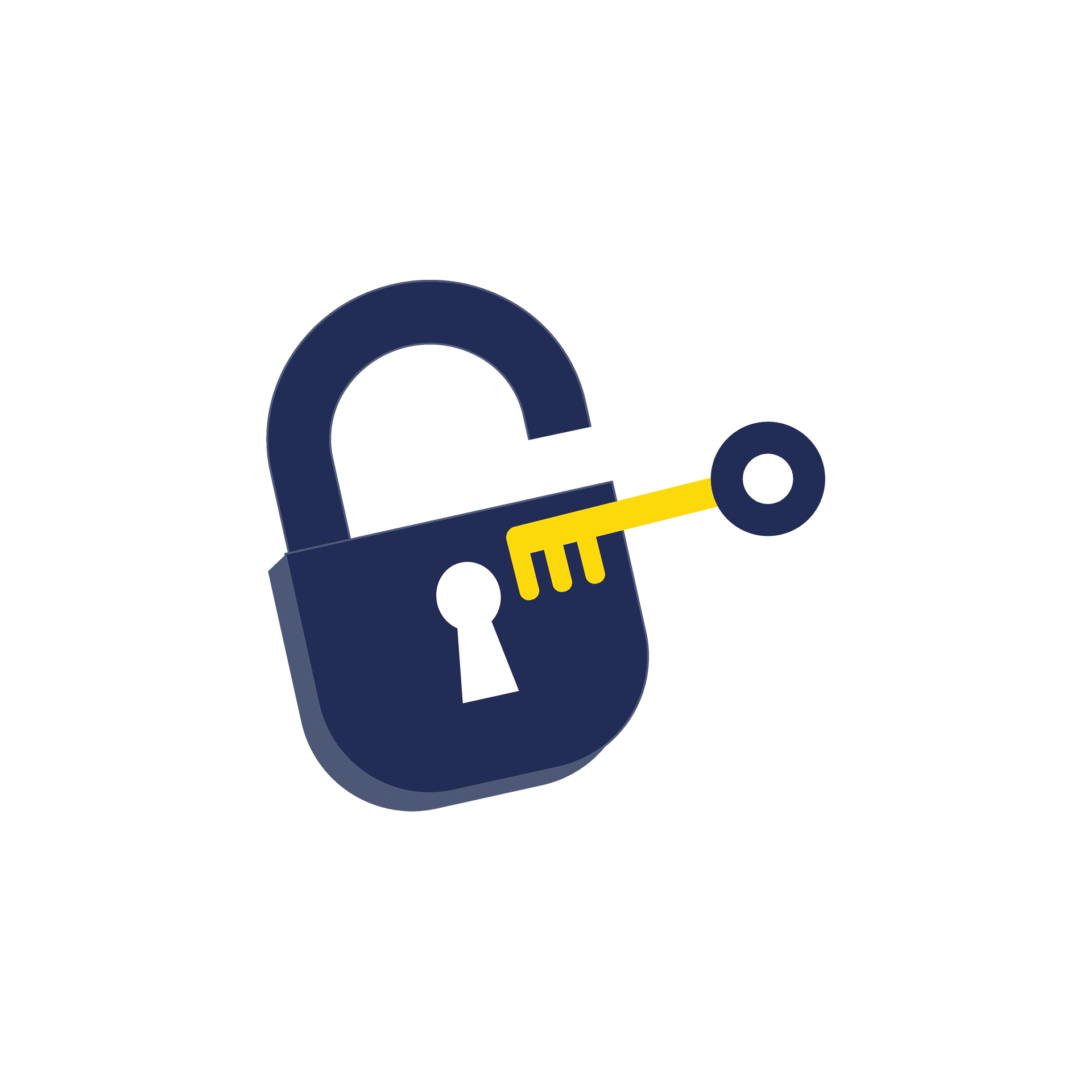 A padlock in navy with a gold coloured key close to the lock mechanism