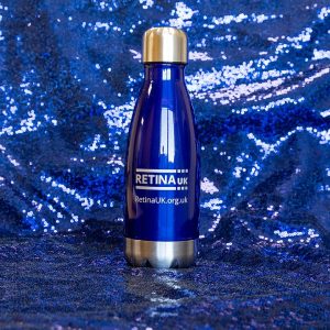 A metallic navy blue water bottle with a screw top and Retina UK branding