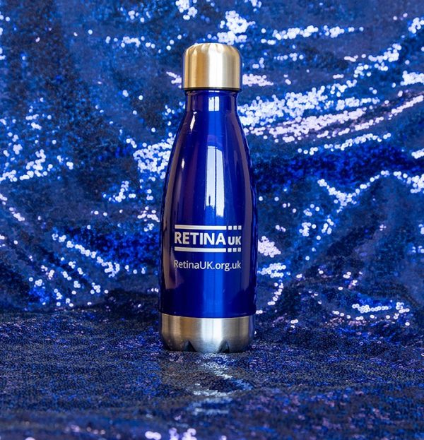 A metallic navy blue water bottle with a screw top and Retina UK branding