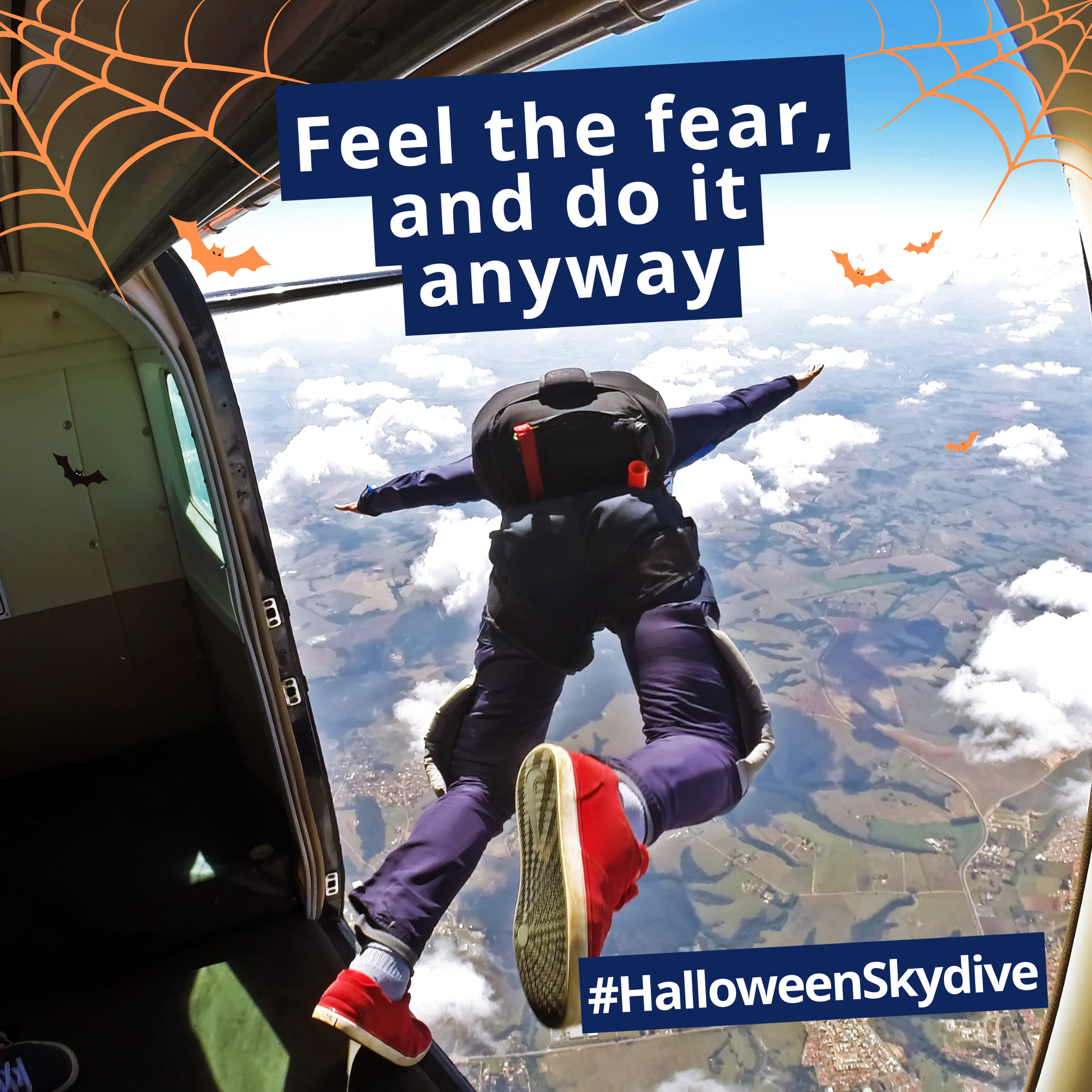 Feel the fear, and do it anyway. Image features a skydiver.