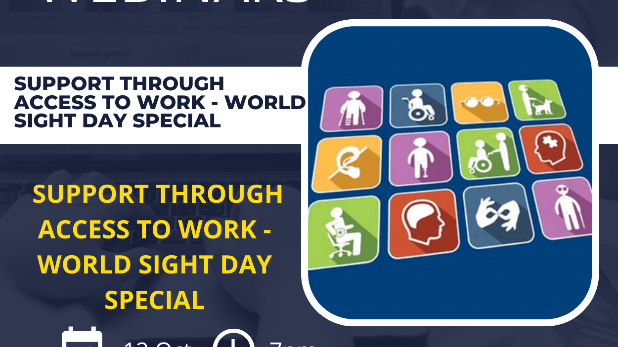 A square image with a blue background promoting the Access to Work webinar on 12 October