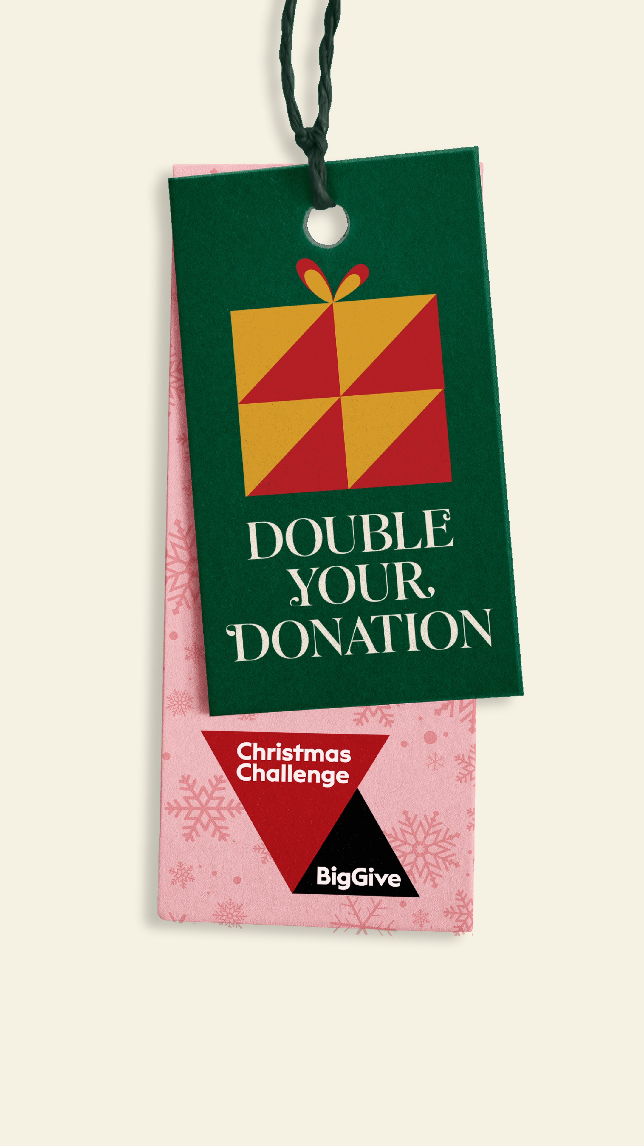 A gift tag in green with a square gift image in red and gold with the words 'double your donation'. Underneath is a pink tag with The Big Give logo in red and black