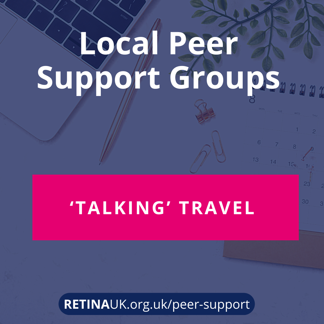 A dark blue square with the words Local Peer Support Groups 'Talking' Travel.
