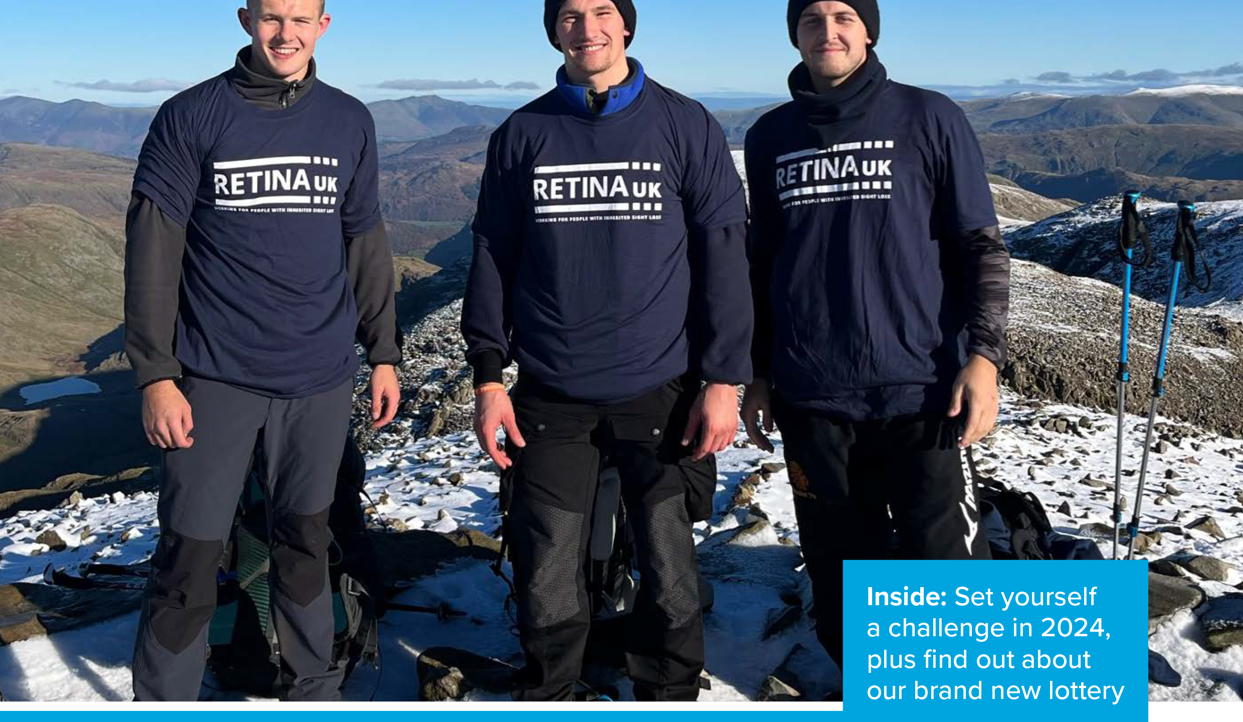 The cover of the Spring 2024 edition of Look Forward, featuring a photo of three men wearing Retina UK tshirts on a mountain.