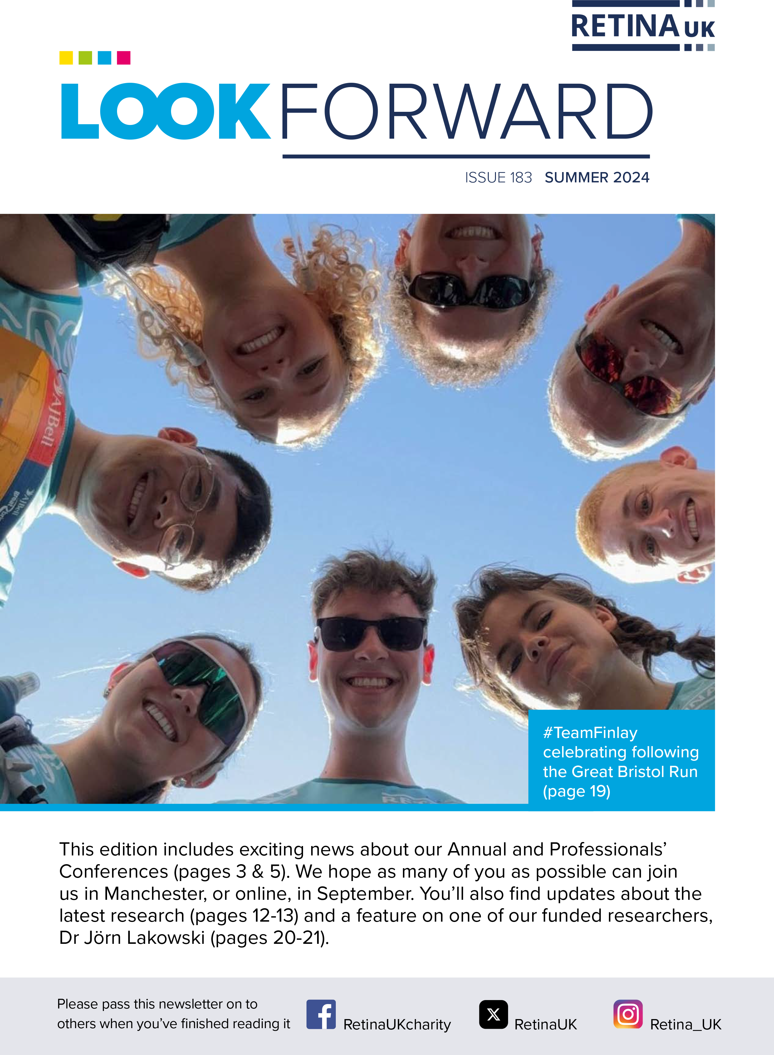 The cover of Look Forward Summer 2024 (issue 183) featuring a group of eight people looking down at the camera with blue sky above them