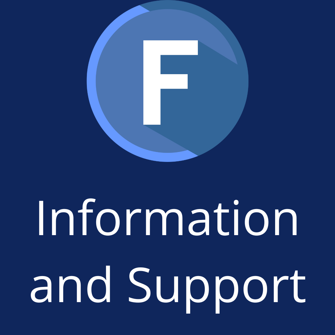 Facebook F in a blue circle and the words Information and Support