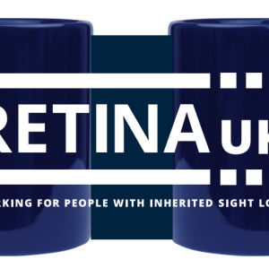 Two navy blue mugs with the Retina UK logo overlaid on them