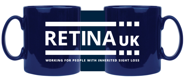 Two navy blue mugs with the Retina UK logo overlaid on them