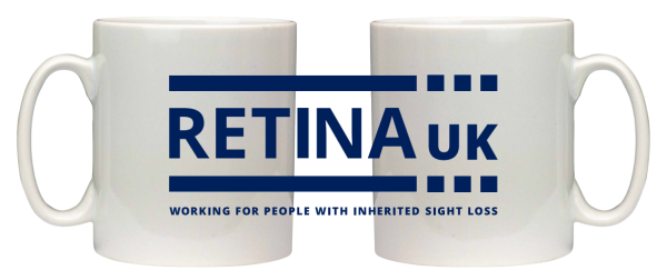 Two white mugs with the Retina UK logo overlaid on them