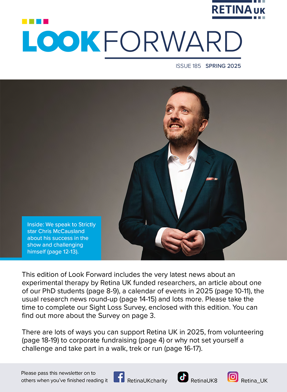 The cover of the spring 2025 edition of Look Forward, featuring a photograph of comedian Chris McCausland on the cover
