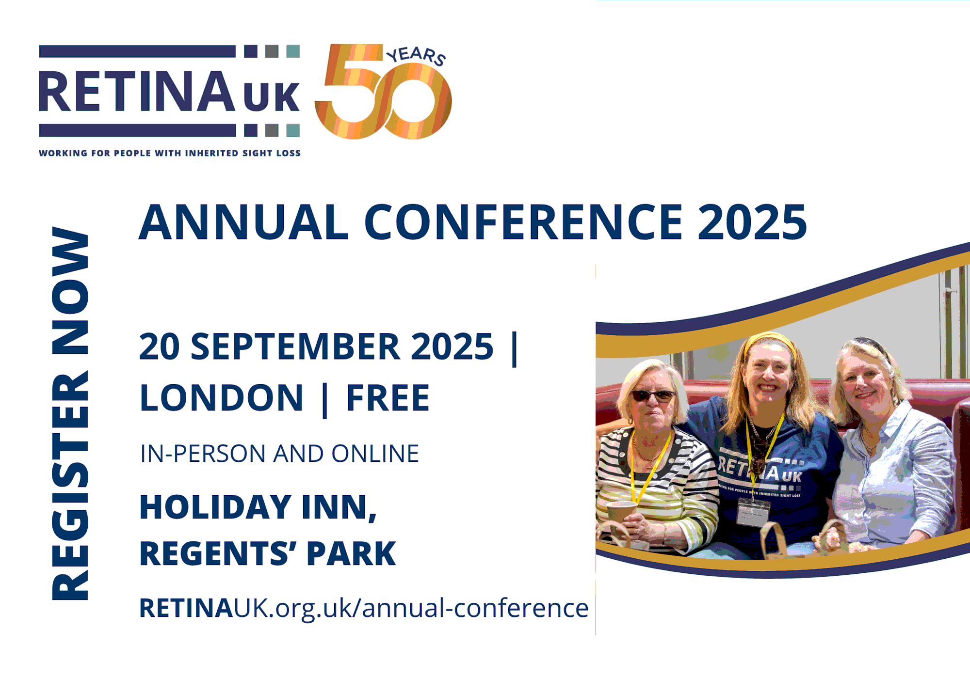 Both sides of a postcard promoting the Retina UK Annual Conference on 20 September 2025 and the Retina UK Professionals' Conference on 19 September 2025