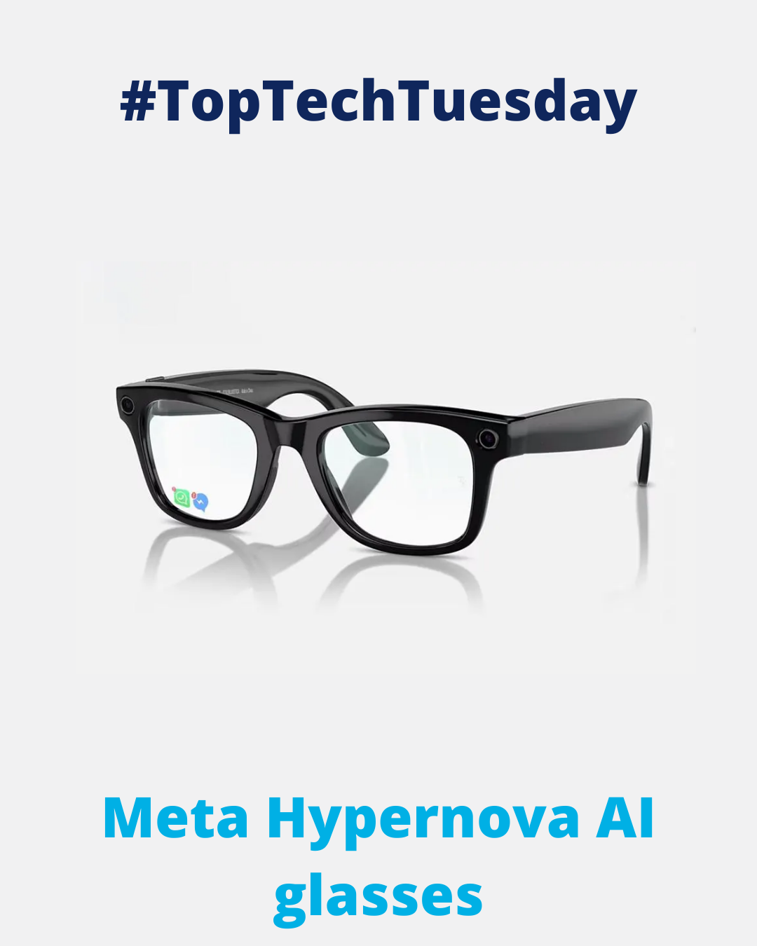 Centre of the image is a pair of the glasses that are black. In the bottom of the left lense is a WhatsApp and messenger icon. Above is the text 