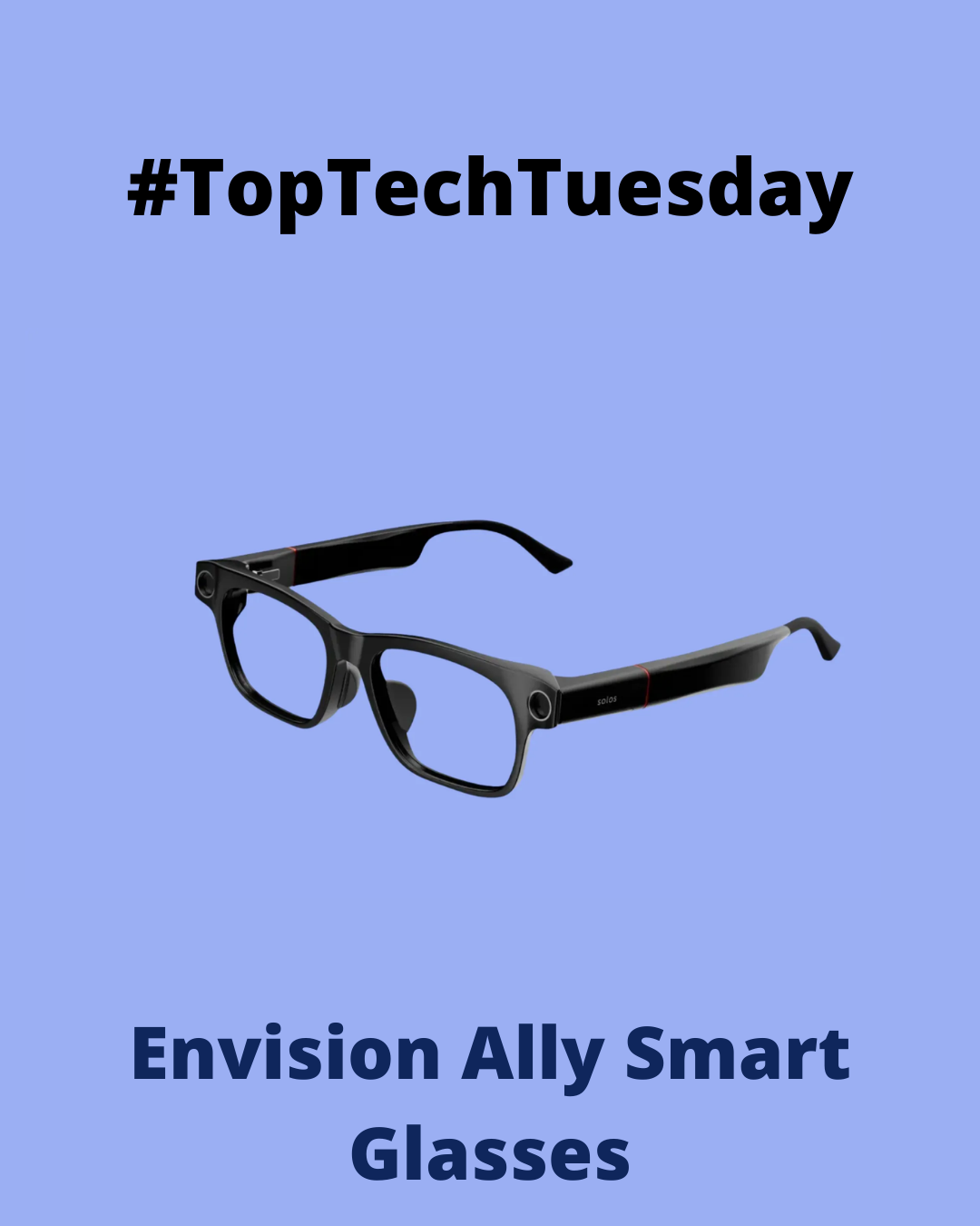 Centre of the image is a pair of the glasses that are black. Above is the text 