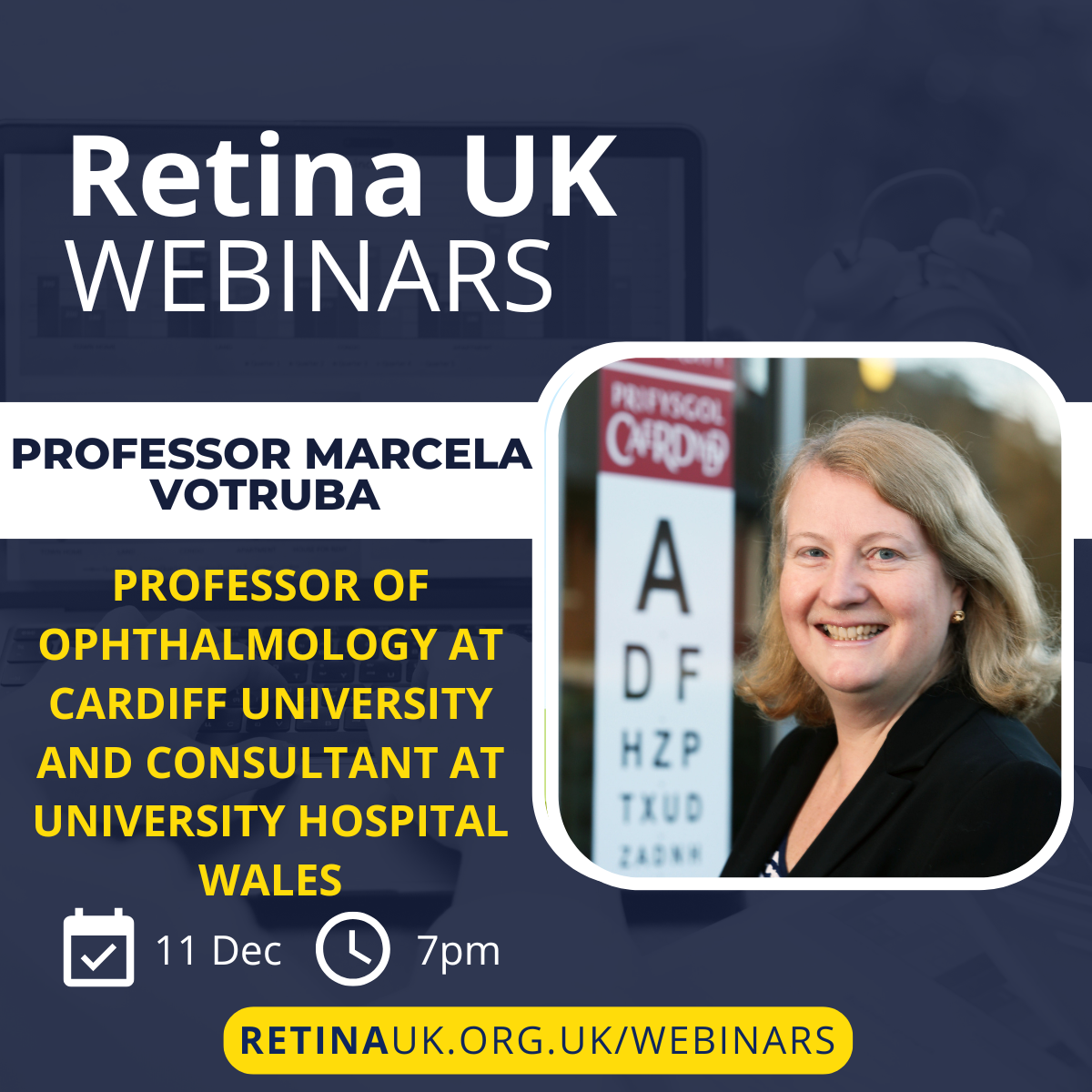 Navy background with title (above) of webinar on the right hand side. Below is a picture of a white clock with “7pm” to its right and a calendar icon (square with a tick inside) with “11 Dec” to its right. On the right is a picture of Professor Votruba smiling.