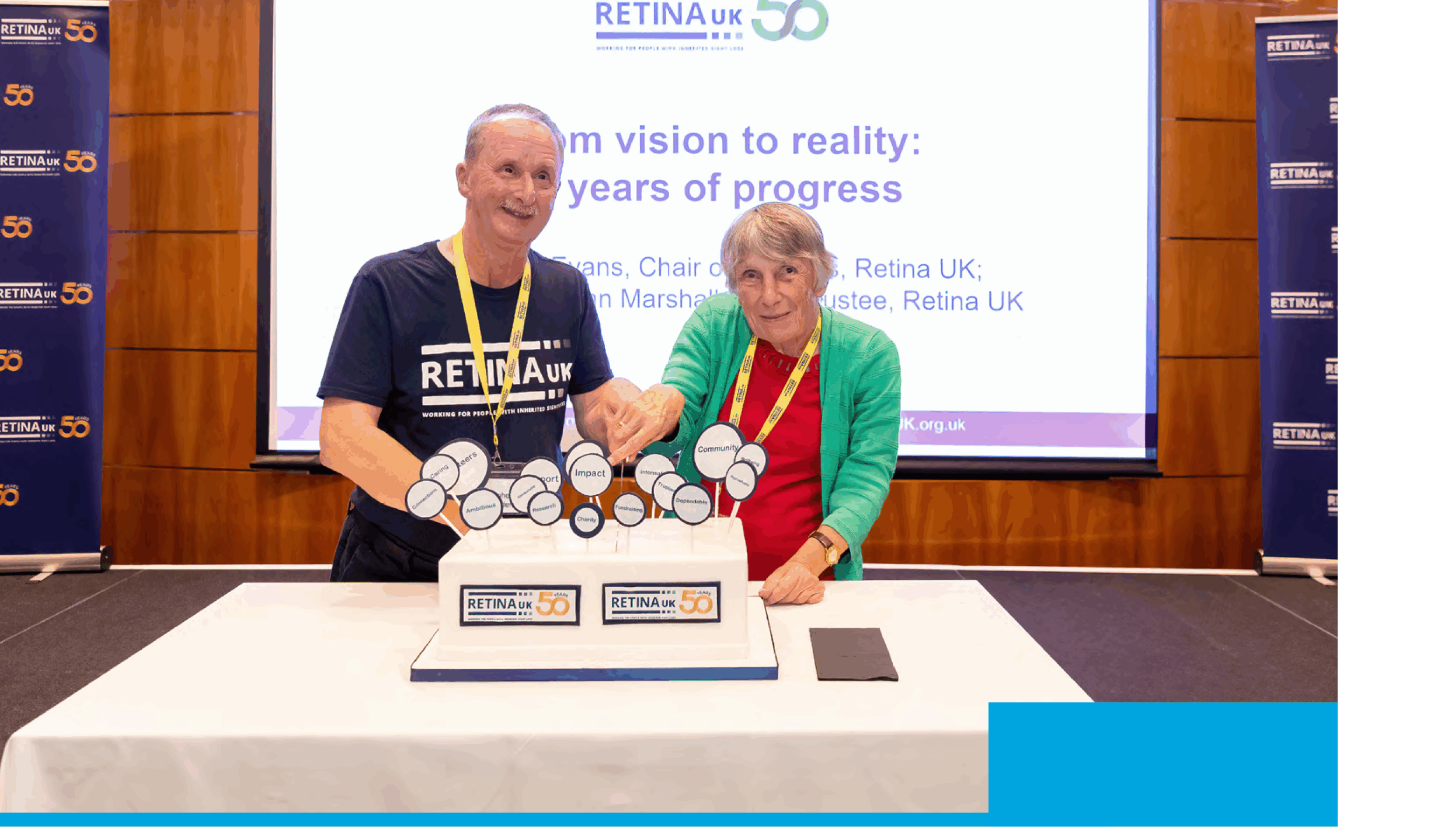 The cover of the Winter 2025 edition of Look Forward, featuring two of our volunteers cutting a special 50th anniversary cake