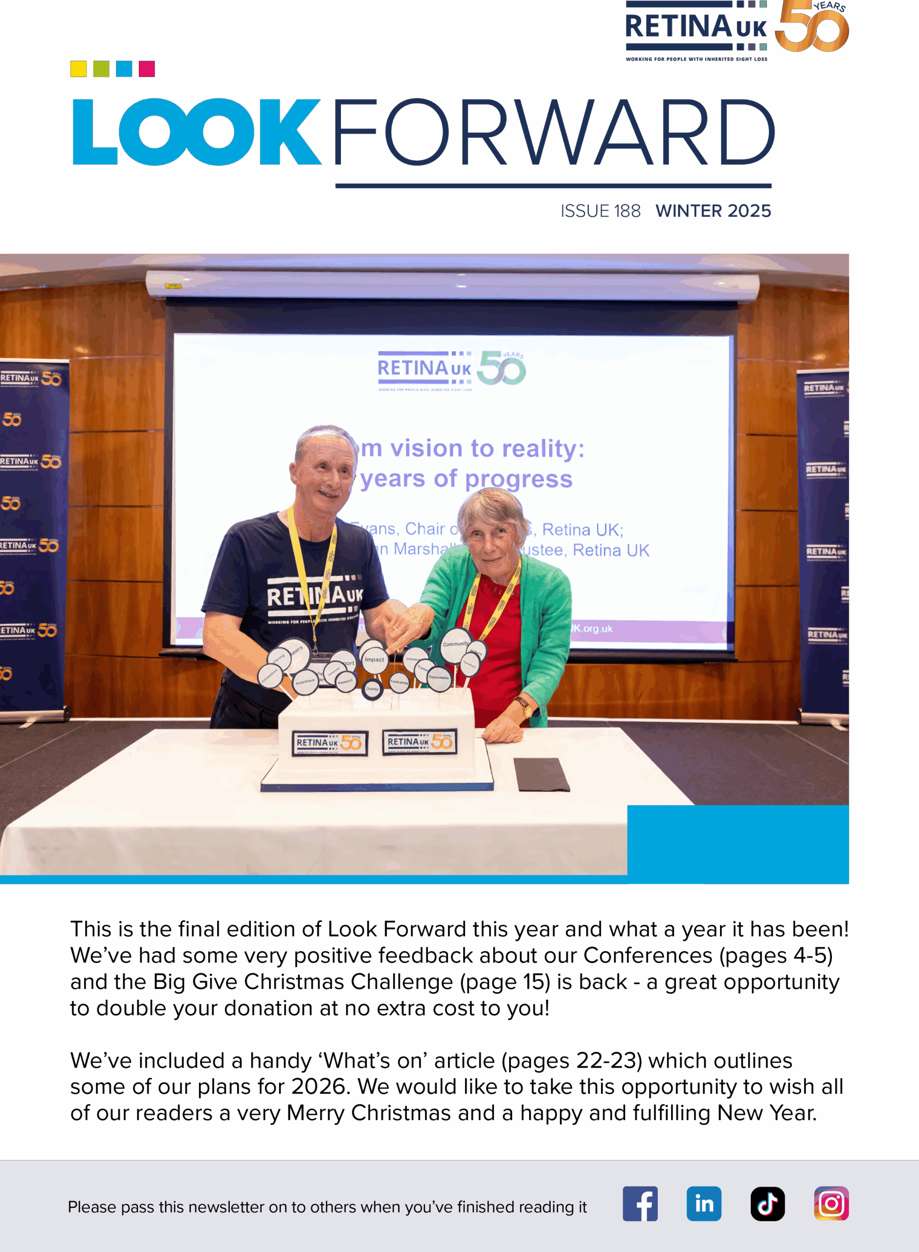 The cover of the Winter 2025 edition of Look Forward, featuring two of our volunteers cutting a special 50th anniversary cake