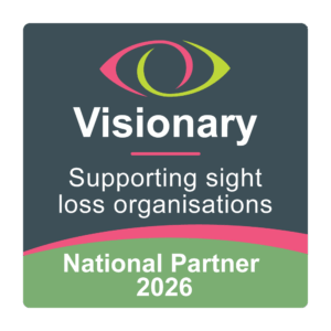 Visionary logo with a stylised eye icon above the word “Visionary” and the tagline “Supporting sight loss organisations”. Text below reads “National Partner 2026”, displayed in white on a green background.