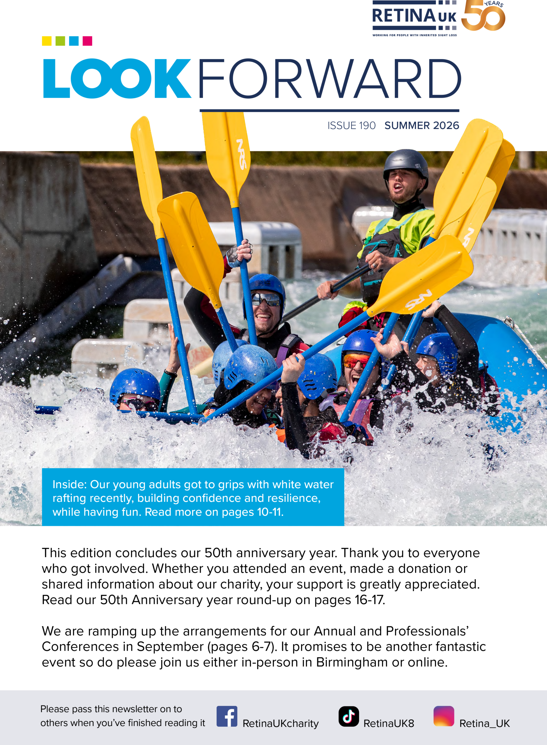 The cover of the summer 2026 edition of Look Forward, showing white water rafting