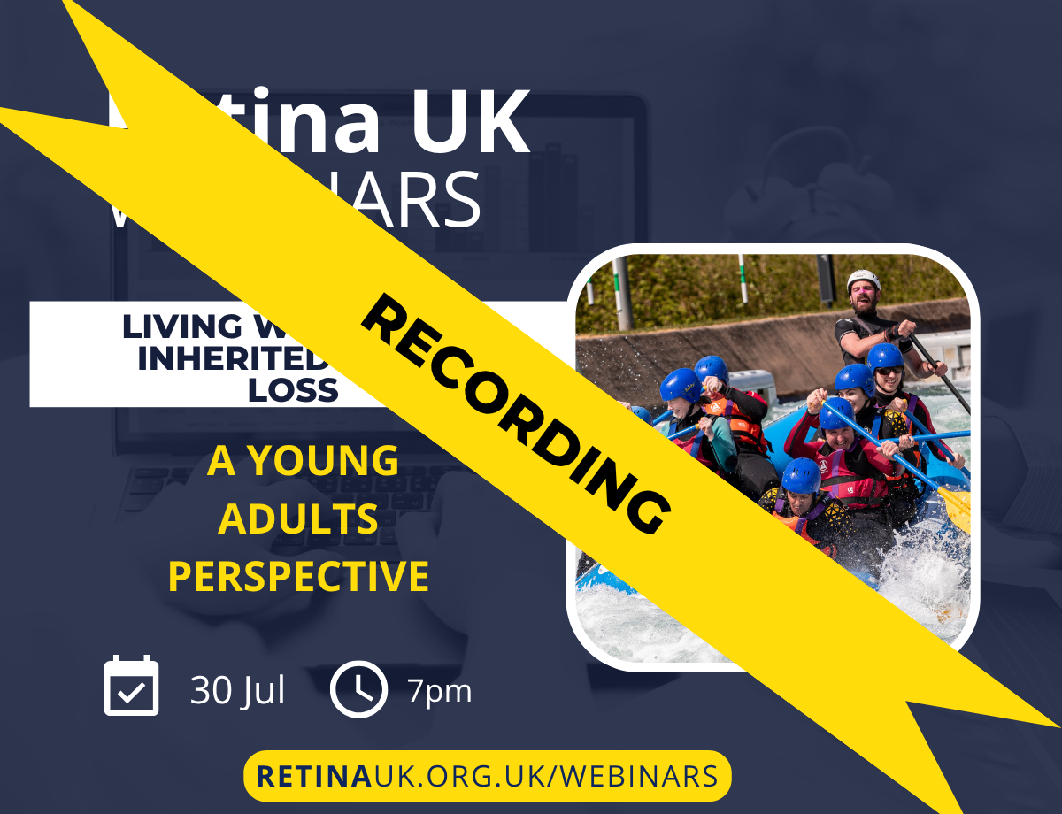 Navy background with title (above) of webinar on the right hand side. Below is a picture of a white clock with “7pm” to its right and a calendar icon (square with a tick inside) with “30 Jul” to its right. On the right is a picture of our Young Adults Peer Support group white water rafting. Across the image is a diagonal yellow banner with the text "recording" in the centre.