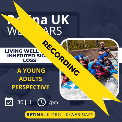 Navy background with title (above) of webinar on the right hand side. Below is a picture of a white clock with “7pm” to its right and a calendar icon (square with a tick inside) with “30 Jul” to its right. On the right is a picture of our Young Adults Peer Support group white water rafting. Across the image is a diagonal yellow banner with the text "recording" in the centre.
