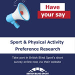 Poster titled 'Have your say' promoting British Blind Sport's Sport & Physical Activity Preference Research. Text reads: 'Take part in British Blind Sport's short survey online now via their website.' Features a megaphone illustration and the British Blind Sport logo, in navy, white, and red colour scheme.