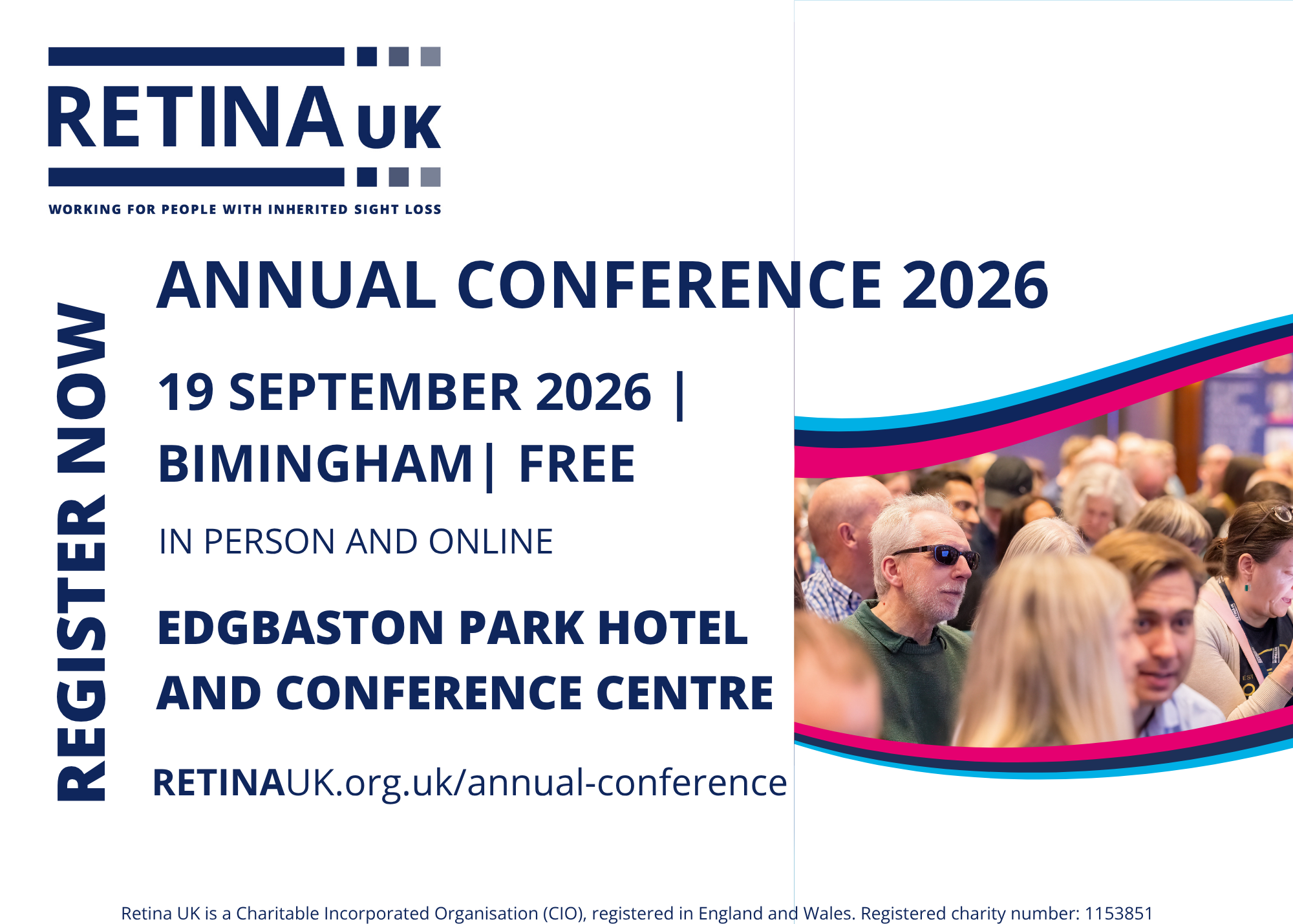 A promotional flyer for the Retina UK Annual Conference. It is a white flyer with blue writing which gives information about the event.