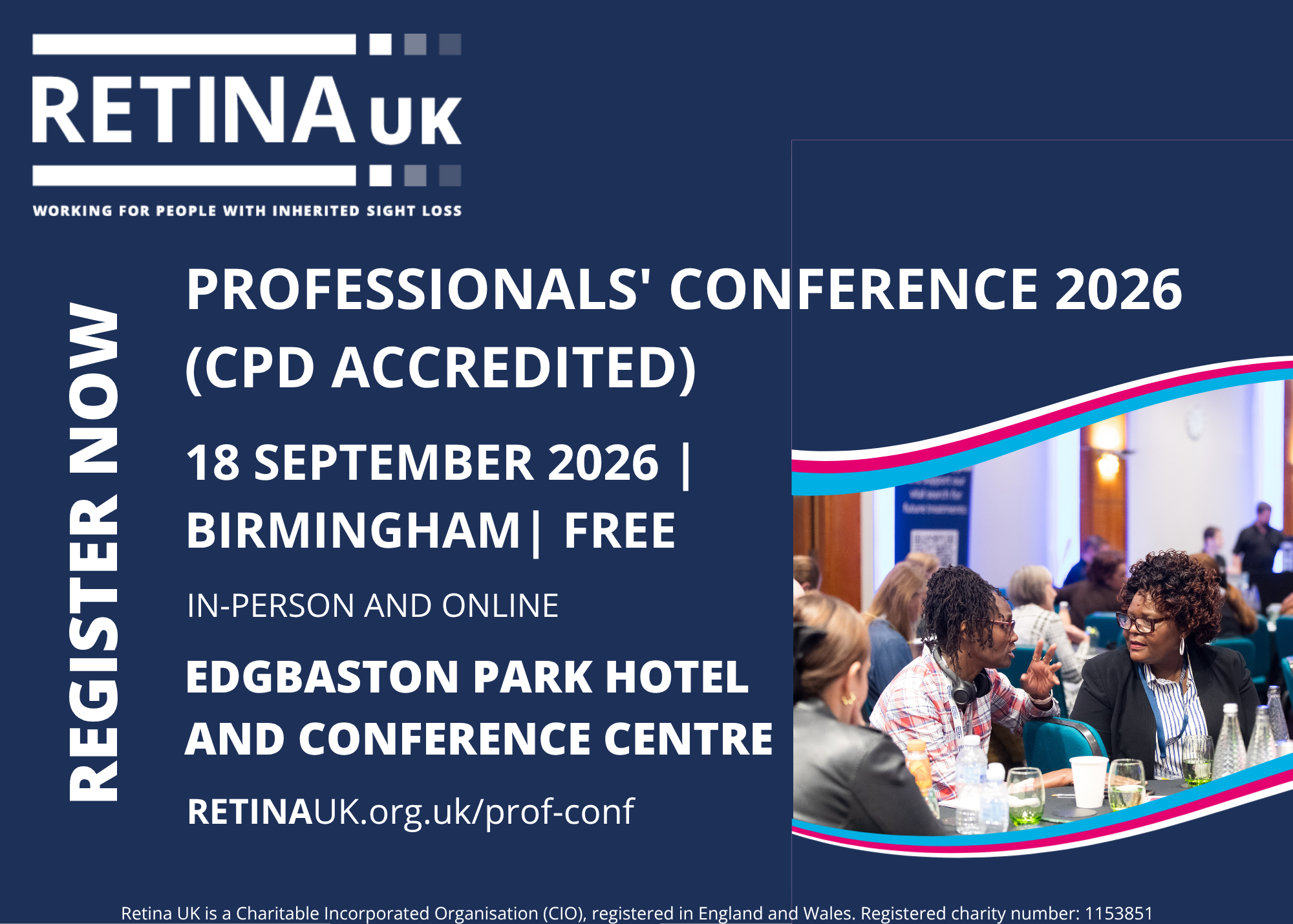 A postcard promoting the Retina UK Professionals' Conference 2026. It is navy with white text which gives information on the day including date, venue.
