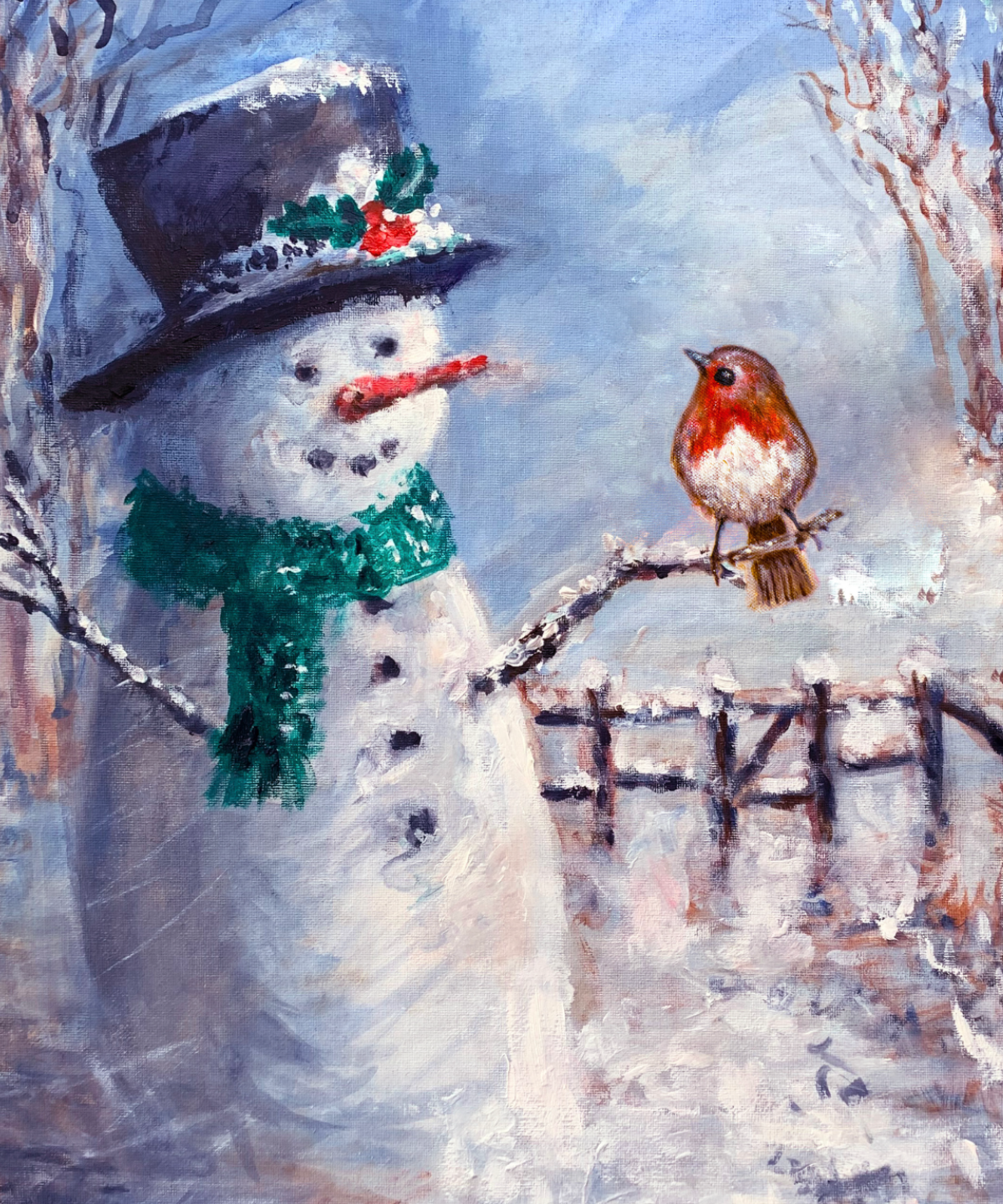 A painting of a snowman with a Robin sitting on one of his arms