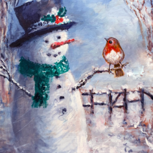 A painting of a snowman with a Robin sitting on one of his arms