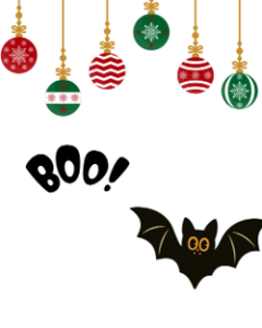 Decorative seasonal illustration combines Christmas ornaments and Halloween imagery for a playful holiday design. Six red-and-green baubles hang across top, while bold black “BOO!” lettering and a black bat with orange eyes appear below.